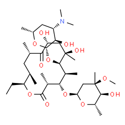 ChemSpider 2D Image | (3R,4S,5S,6R,7R,9R,11S,13R,14S)-6-{[(2S,3R,4S,6R)-4-(Dimethylamino)-3-hydroxy-6-methyltetrahydro-2H-pyran-2-yl]oxy}-14-ethyl-7,9-dihydroxy-4-{[(2R,4R,5S,6S)-5-hydroxy-4-methoxy-4,6-dimethyltetrahydro-
2H-pyran-2-yl]oxy}-3,5,7,11,13-pentamethyloxacyclotetradecane-2,10-dione | C36H65NO12