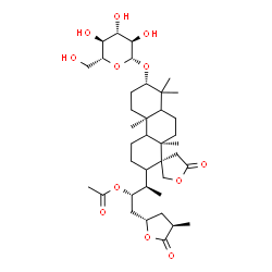 ChemSpider 2D Image | (2S,3R)-3-[(3S,4b'R,7'S,10a'R)-7'-(beta-D-Glucopyranosyloxy)-4b',8',8',10a'-tetramethyl-5-oxotetradecahydro-2'H-spiro[furan-3,1'-phenanthren]-2'-yl]-1-[(2S,4R)-4-methyl-5-oxotetrahydro-2-furanyl]-2-bu
tanyl acetate | C38H60O12
