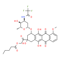 ChemSpider 2D Image | 2-Oxo-2-[2,5,12-trihydroxy-7-methoxy-6,11-dioxo-4-({2,3,6-trideoxy-3-[(trifluoroacetyl)amino]-beta-D-ribo-hexopyranosyl}oxy)-1,2,3,4,6,11-hexahydro-2-tetracenyl]ethyl valerate | C34H36F3NO13