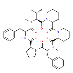 ChemSpider 2D Image | (6aR,13S,16R,18aS,24R,26aS)-16,24-dibenzyl-13-[(2S)-butan-2-yl]-14,25-dimethyloctadecahydro-2H,12H-dipyrido[1,2-a:1',2'-d]pyrrolo[1,2-j][1,4,7,10,13,16]hexaazacyclooctadecine-6,12,15,18,23,26(6aH)-hexone | C43H58N6O6