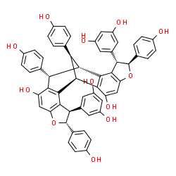 ChemSpider 2D Image | (1R,4R,5R,11S,12S,15S,16S,22S)-4,15-Bis(3,5-dihydroxyphenyl)-5,11,16,22-tetrakis(4-hydroxyphenyl)-6,17-dioxahexacyclo[10.9.1.0~2,10~.0~3,7~.0~13,21~.0~14,18~]docosa-2,7,9,13,18,20-hexaene-9,20-diol | C56H42O12
