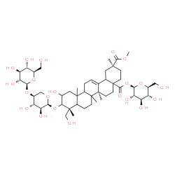 ChemSpider 2D Image | O2-methyl O4a-[(2S,3R,4S,5S,6R)-3,4,5-trihydroxy-6-(hydroxymethyl)tetrahydropyran-2-yl] (2S,6aS,9R)-10-[(2S,3S,4S,5S)-3,4-dihydroxy-5-[(2S,3R,4S,5S,6R)-3,4,5-trihydroxy-6-(hydroxymethyl)tetrahydropyran-2-yl]oxy-tetrahydropyran-2-yl]oxy-11-hydroxy-9-(hydroxymethyl)-2,6a,6b,9,12a-pentamethyl-1,3,4,5,6,6a,7,8,8a,10,11,12,13,14b-tetradecahydropicene-2,4a-dicarboxylate | C48H76O21