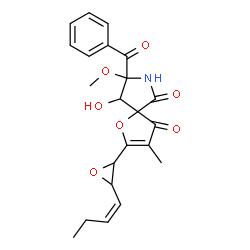 ChemSpider 2D Image | 8-Benzoyl-2-{3-[(1Z)-1-buten-1-yl]-2-oxiranyl}-9-hydroxy-8-methoxy-3-methyl-1-oxa-7-azaspiro[4.4]non-2-ene-4,6-dione | C22H23NO7