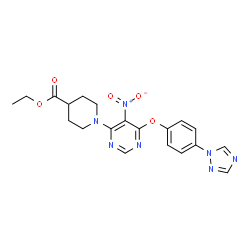 ChemSpider 2D Image | Ethyl 1-{5-nitro-6-[4-(1H-1,2,4-triazol-1-yl)phenoxy]-4-pyrimidinyl}-4-piperidinecarboxylate | C20H21N7O5