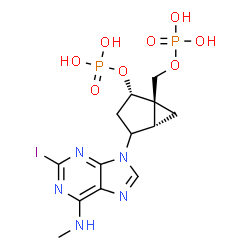 ChemSpider 2D Image | [(1R,2S,5S)-4-[2-Iodo-6-(methylamino)-9H-purin-9-yl]-2-(phosphonooxy)bicyclo[3.1.0]hex-1-yl]methyl dihydrogen phosphate | C13H18IN5O8P2