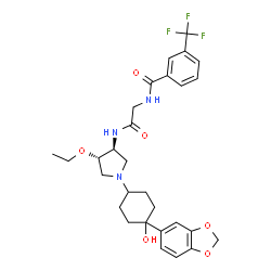 ChemSpider 2D Image | N-[2-({(3S,4S)-1-[4-(1,3-Benzodioxol-5-yl)-4-hydroxycyclohexyl]-4-ethoxy-3-pyrrolidinyl}amino)-2-oxoethyl]-3-(trifluoromethyl)benzamide | C29H34F3N3O6
