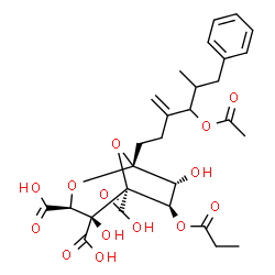 ChemSpider 2D Image | (1R,3S,4S,5S,6R,7R)-1-(4-Acetoxy-5-methyl-3-methylene-6-phenylhexyl)-4,7-dihydroxy-6-(propionyloxy)-2,8-dioxabicyclo[3.2.1]octane-3,4,5-tricarboxylic acid | C28H34O14