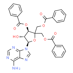 ChemSpider 2D Image | [(3R,4R,5R)-5-(6-Amino-9H-purin-9-yl)-3-(benzoyloxy)-4-hydroxytetrahydrofuran-2,2-diyl]bis(methylene) dibenzoate | C32H27N5O8