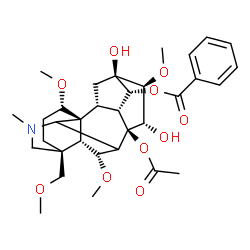 ChemSpider 2D Image | (1alpha,6alpha,14alpha,15alpha,16beta,17xi)-8-Acetoxy-13,15-dihydroxy-1,6,16-trimethoxy-4-(methoxymethyl)-20-methylaconitan-14-yl benzoate | C33H45NO10