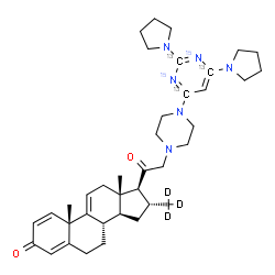 ChemSpider 2D Image | (16alpha)-21-{4-[2,6-Di(1-pyrrolidinyl)(2,4,6-~13~C_3_,~15~N_2_)-4-pyrimidinyl]-1-piperazinyl}-16-(~2~H_3_)methylpregna-1,4,9(11)-triene-3,20-dione | C3513C3H49D3N415N2O2