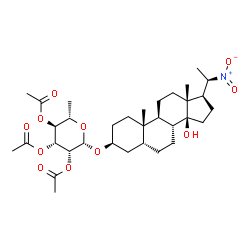 ChemSpider 2D Image | (3beta,5beta,14beta,20R)-14-Hydroxy-20-nitropregnan-3-yl 2,3,4-tri-O-acetyl-6-deoxy-beta-L-mannopyranoside | C33H51NO11