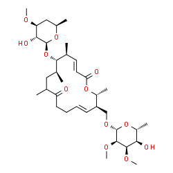 ChemSpider 2D Image | {(2R,3R,4E,11S,12S,13S,14E)-12-[(4,6-Dideoxy-3-O-methyl-beta-D-xylo-hexopyranosyl)oxy]-2,9,11,13-tetramethyl-8,16-dioxooxacyclohexadeca-4,14-dien-3-yl}methyl 6-deoxy-2,3-di-O-methyl-beta-D-allopyranos
ide | C35H58O12