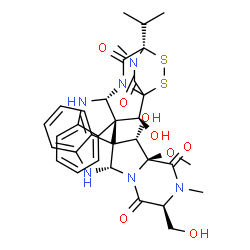 ChemSpider 2D Image | (2S,3S,11R,14R)-2-Hydroxy-3-[(3S,5aS,10bS,11S,11aS)-11-hydroxy-3-(hydroxymethyl)-11a-methoxy-2-methyl-1,4-dioxo-1,2,3,4,5a,6,11,11a-octahydro-10bH-pyrazino[1',2':1,5]pyrrolo[2,3-b]indol-10b-yl]-14-iso
propyl-18-methyl-15,16-dithia-10,12,18-triazapentacyclo[12.2.2.0~1,12~.0~3,11~.0~4,9~]octadeca-4,6,8-triene-13,17-dione | C33H36N6O8S2