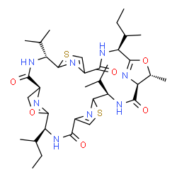 ChemSpider 2D Image | (4S,7R,8S,11R,18S,22S,25R)-18-[(2R)-2-Butanyl]-4-[(2S)-2-butanyl]-11,25-diisopropyl-7-methyl-6,20-dioxa-13,27-dithia-3,10,17,24,29,30,31,32-octaazapentacyclo[24.2.1.1~5,8~.1~12,15~.1~19,22~]dotriacont
a-1(28),5(32),12(31),14,19(30),26(29)-hexaene-2,9,16,23-tetrone | C35H50N8O6S2