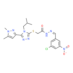 ChemSpider 2D Image | N'-[(Z)-(3-Chloro-5-nitrophenyl)methylene]-2-{[5-(1,5-dimethyl-1H-pyrazol-3-yl)-4-isobutyl-4H-1,2,4-triazol-3-yl]sulfanyl}acetohydrazide | C20H23ClN8O3S