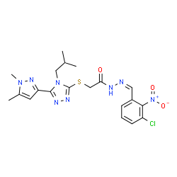 ChemSpider 2D Image | N'-[(Z)-(3-Chloro-2-nitrophenyl)methylene]-2-{[5-(1,5-dimethyl-1H-pyrazol-3-yl)-4-isobutyl-4H-1,2,4-triazol-3-yl]sulfanyl}acetohydrazide | C20H23ClN8O3S