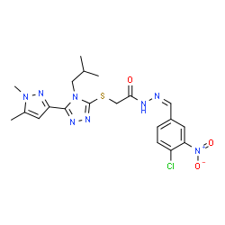 ChemSpider 2D Image | N'-[(Z)-(4-Chloro-3-nitrophenyl)methylene]-2-{[5-(1,5-dimethyl-1H-pyrazol-3-yl)-4-isobutyl-4H-1,2,4-triazol-3-yl]sulfanyl}acetohydrazide | C20H23ClN8O3S