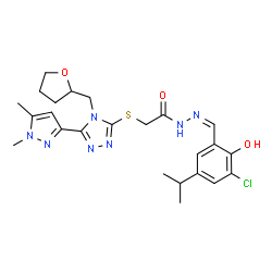 ChemSpider 2D Image | N'-[(Z)-(3-Chloro-2-hydroxy-5-isopropylphenyl)methylene]-2-{[5-(1,5-dimethyl-1H-pyrazol-3-yl)-4-(tetrahydro-2-furanylmethyl)-4H-1,2,4-triazol-3-yl]sulfanyl}acetohydrazide | C24H30ClN7O3S