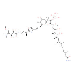 ChemSpider 2D Image | (2R,3R,5R,7S,8S,9R)-2-[(1S,3S,4S,5R,6R,7E,9E,11E,13E)-15-Amino-3,5-dihydroxy-1-methoxy-4,6,8,9,13-pentamethyl-15-oxo-7,9,11,13-pentadecatetraen-1-yl]-7-[(2E)-3-{2-[(2S)-4-{[(2S,3S,4S)-4-(dimethylamino
)-2,3-dihydroxy-5-methoxypentanoyl]amino}-2-butanyl]-1,3-oxazol-4-yl}-2-propen-1-yl]-9-hydroxy-4,4,8-trimethyl-1,6-dioxaspiro[4.5]dec-3-yl dihydrogen phosphate | C50H83N4O16P
