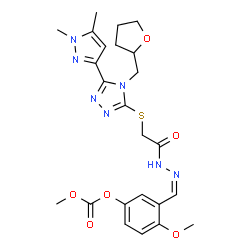 ChemSpider 2D Image | 3-{(Z)-[({[5-(1,5-Dimethyl-1H-pyrazol-3-yl)-4-(tetrahydro-2-furanylmethyl)-4H-1,2,4-triazol-3-yl]sulfanyl}acetyl)hydrazono]methyl}-4-methoxyphenyl methyl carbonate | C24H29N7O6S