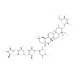 ChemSpider 2D Image | [(2S,3R,5R,6S)-3-[(2S,3R,4S,5R,6S)-5-[(2R,4S,5R,6R)-5-[(2S,3R,4S,5S)-3,4-dihydroxy-5-(hydroxymethyl)tetrahydrofuran-2-yl]oxy-4,6-dihydroxy-tetrahydropyran-2-yl]oxy-3,4-dihydroxy-6-methyl-tetrahydropyran-2-yl]oxy-5,6-dihydroxy-tetrahydropyran-2-yl] (4aR,5R,6aS,6bR,8aR,10R,11S,12aR,14bS)-5,11-dihydroxy-9,9-bis(hydroxymethyl)-2,2,6a,6b,12a-pentamethyl-10-[(2R,3R,4S,5S,6R)-3,4,5-trihydroxy-6-(hydroxymethyl)tetrahydropyran-2-yl]oxy-1,3,4,5,6,6a,7,8,8a,10,11,12,13,14b-tetradecahydropicene-4a-carboxylate | C57H92O28