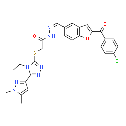 ChemSpider 2D Image | N'-{(Z)-[2-(4-Chlorobenzoyl)-1-benzofuran-5-yl]methylene}-2-{[5-(1,5-dimethyl-1H-pyrazol-3-yl)-4-ethyl-4H-1,2,4-triazol-3-yl]sulfanyl}acetohydrazide | C27H24ClN7O3S