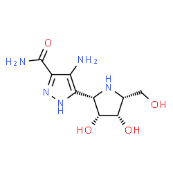 ChemSpider 2D Image | 4-Amino-5-[(2S,3R,4S,5R)-3,4-dihydroxy-5-(hydroxymethyl)-2-pyrrolidinyl]-1H-pyrazole-3-carboxamide | C9H15N5O4