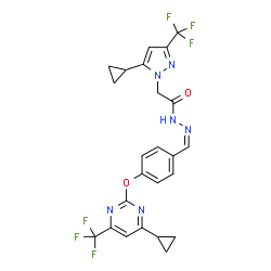 ChemSpider 2D Image | 2-[5-Cyclopropyl-3-(trifluoromethyl)-1H-pyrazol-1-yl]-N'-[(Z)-(4-{[4-cyclopropyl-6-(trifluoromethyl)-2-pyrimidinyl]oxy}phenyl)methylene]acetohydrazide | C24H20F6N6O2