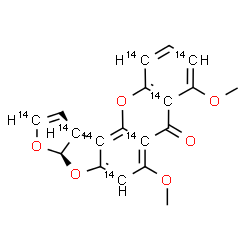 ChemSpider 2D Image | (3aR,12cS)-6,8-Dimethoxy(2,5,6a,7a,9,11,12b,12c-~14~C_8_)-3a,12c-dihydro-7H-furo[3',2':4,5]furo[2,3-c]xanthen-7-one | C1114C8H14O6