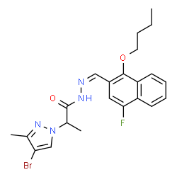 ChemSpider 2D Image | 2-(4-Bromo-3-methyl-1H-pyrazol-1-yl)-N'-[(Z)-(1-butoxy-4-fluoro-2-naphthyl)methylene]propanehydrazide | C22H24BrFN4O2