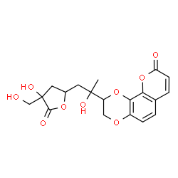ChemSpider 2D Image | 2-{2-Hydroxy-1-[4-hydroxy-4-(hydroxymethyl)-5-oxotetrahydro-2-furanyl]-2-propanyl}-2,3-dihydro-9H-[1,4]dioxino[2,3-h]chromen-9-one | C19H20O9