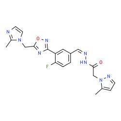 ChemSpider 2D Image | N'-[(Z)-(4-Fluoro-3-{5-[(2-methyl-1H-imidazol-1-yl)methyl]-1,2,4-oxadiazol-3-yl}phenyl)methylene]-2-(5-methyl-1H-pyrazol-1-yl)acetohydrazide | C20H19FN8O2