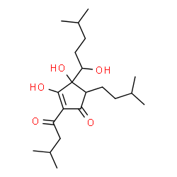 ChemSpider 2D Image | 3,4-Dihydroxy-4-(1-hydroxy-4-methylpentyl)-2-(3-methylbutanoyl)-5-(3-methylbutyl)-2-cyclopenten-1-one | C21H36O5