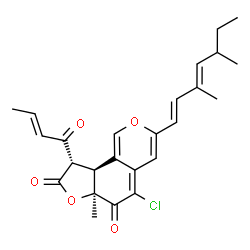 ChemSpider 2D Image | (6aS,9S,9aS)-9-[(2E)-2-Butenoyl]-5-chloro-3-[(1E,3E)-3,5-dimethyl-1,3-heptadien-1-yl]-6a-methyl-9,9a-dihydro-6H-furo[2,3-h]isochromene-6,8(6aH)-dione | C25H27ClO5