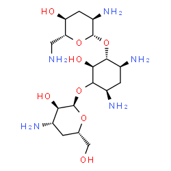 ChemSpider 2D Image | (1R,2S,4R,6S)-4,6-Diamino-3-[(3-amino-3,4-dideoxy-alpha-D-xylo-hexopyranosyl)oxy]-2-hydroxycyclohexyl 2,6-diamino-2,3,6-trideoxy-beta-D-ribo-hexopyranoside | C18H37N5O8