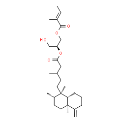 ChemSpider 2D Image | (2S)-1-Hydroxy-3-{[(2E)-2-methyl-2-butenoyl]oxy}-2-propanyl 3-methyl-5-[(1R,2S,4aS,8aS)-1,2,4a-trimethyl-5-methylenedecahydro-1-naphthalenyl]pentanoate | C28H46O5