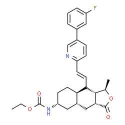 ChemSpider 2D Image | Ethyl [(1R,3aR,4aR,6R,8aR,9aS)-9-{(E)-2-[5-(3-fluorophenyl)-2-pyridinyl]vinyl}-1-methyl-3-oxododecahydronaphtho[2,3-c]furan-6-yl]carbamate | C29H33FN2O4