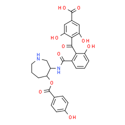 ChemSpider 2D Image | 3,5-Dihydroxy-4-[2-hydroxy-6-({4-[(4-hydroxybenzoyl)oxy]-3-azepanyl}carbamoyl)benzoyl]benzoic acid | C28H26N2O10