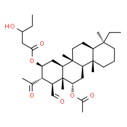 ChemSpider 2D Image | (1S,2S,3S,4aS,4bR,6aS,7S,10aS,10bR,12S,12aS)-12-Acetoxy-2-acetyl-7-ethyl-1-formyl-4b,7,10a,12a-tetramethyloctadecahydro-3-chrysenyl 3-hydroxypentanoate | C34H54O7