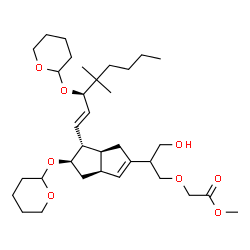 ChemSpider 2D Image | Methyl {2-[(3aS,5R,6R,6aS)-6-[(1E,3R)-4,4-dimethyl-3-(tetrahydro-2H-pyran-2-yloxy)-1-octen-1-yl]-5-(tetrahydro-2H-pyran-2-yloxy)-1,3a,4,5,6,6a-hexahydro-2-pentalenyl]-3-hydroxypropoxy}acetate | C34H56O8