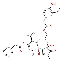 ChemSpider 2D Image | [(3aR,6aS,7R,10R,10aR,10bS)-3a,10a-Dihydroxy-7-isopropenyl-2,10-dimethyl-3-oxo-8-(2-phenylacetoxy)-3,3a,4,6a,7,10,10a,10b-octahydrobenzo[e]azulen-5-yl]methyl (4-hydroxy-3-methoxyphenyl)acetate | C37H40O9