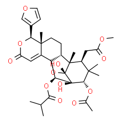 ChemSpider 2D Image | (6R,7R,10R,11S,12S,14S,15S,16R,18R)-14-Acetoxy-6-(3-furyl)-15,16-dihydroxy-12-(2-methoxy-2-oxoethyl)-7,11,13,13-tetramethyl-4-oxo-5,17-dioxapentacyclo[13.2.1.0~1,10~.0~2,7~.0~11,16~]octadec-2-en-18-yl
 2-methylpropanoate | C33H42O12