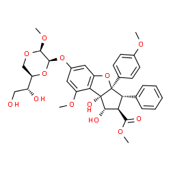 ChemSpider 2D Image | Methyl (1S,2R,3S,3aR,8bS)-6-({(2R,3R,6R)-6-[(1R)-1,2-dihydroxyethyl]-3-methoxy-1,4-dioxan-2-yl}oxy)-1,8b-dihydroxy-8-methoxy-3a-(4-methoxyphenyl)-3-phenyl-2,3,3a,8b-tetrahydro-1H-benzo[b]cyclopenta[d]
furan-2-carboxylate | C34H38O13