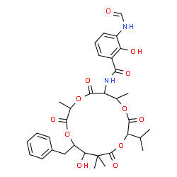 ChemSpider 2D Image | N-(15-Benzyl-14-hydroxy-10-isopropyl-3,7,13,13-tetramethyl-2,5,9,12-tetraoxo-1,4,8,11-tetraoxacyclopentadecan-6-yl)-3-formamido-2-hydroxybenzamide | C33H40N2O12