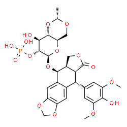 ChemSpider 2D Image | (5S,5aR,8aR,9R)-9-(4-Hydroxy-3,5-dimethoxyphenyl)-8-oxo-5,5a,6,8,8a,9-hexahydrofuro[3',4':6,7]naphtho[2,3-d][1,3]dioxol-5-yl 4,6-O-[(1R)-ethylidene]-2-O-phosphono-beta-D-glucopyranoside | C29H33O16P