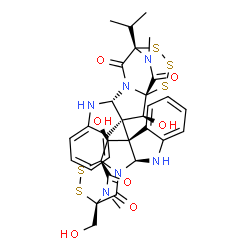 ChemSpider 2D Image | (1S,2S,3S,11R,14S)-2-Hydroxy-3-[(1S,2S,3R,11S,14S)-2-hydroxy-14-(hydroxymethyl)-18-methyl-13,17-dioxo-15,16-dithia-10,12,18-triazapentacyclo[12.2.2.0~1,12~.0~3,11~.0~4,9~]octadeca-4,6,8-trien-3-yl]-14
-isopropyl-19-methyl-15,16,17-trithia-10,12,19-triazapentacyclo[12.3.2.0~1,12~.0~3,11~.0~4,9~]nonadeca-4,6,8-triene-13,18-dione | C32H32N6O7S5