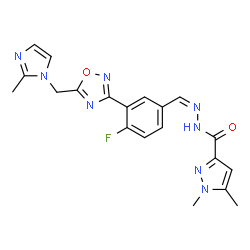 ChemSpider 2D Image | N'-[(Z)-(4-Fluoro-3-{5-[(2-methyl-1H-imidazol-1-yl)methyl]-1,2,4-oxadiazol-3-yl}phenyl)methylene]-1,5-dimethyl-1H-pyrazole-3-carbohydrazide | C20H19FN8O2