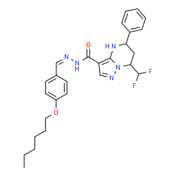 ChemSpider 2D Image | 7-(Difluoromethyl)-N'-{(Z)-[4-(hexyloxy)phenyl]methylene}-5-phenyl-4,5,6,7-tetrahydropyrazolo[1,5-a]pyrimidine-3-carbohydrazide | C27H31F2N5O2