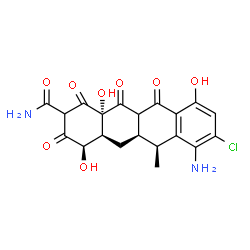 ChemSpider 2D Image | (4R,4aS,5aR,6S,12aS)-7-Amino-8-chloro-4,10,12a-trihydroxy-6-methyl-1,3,11,12-tetraoxo-1,2,3,4,4a,5,5a,6,11,11a,12,12a-dodecahydro-2-tetracenecarboxamide | C20H19ClN2O8