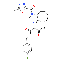 ChemSpider 2D Image | N-(4-Fluorobenzyl)-10-{methyl[(5-methyl-1,3,4-oxadiazol-2-yl)carbonyl]amino}-3,4-dioxo-2,3,4,6,7,8,9,10-octahydropyrimido[1,2-a]azepine-2-carboxamide | C22H23FN6O5